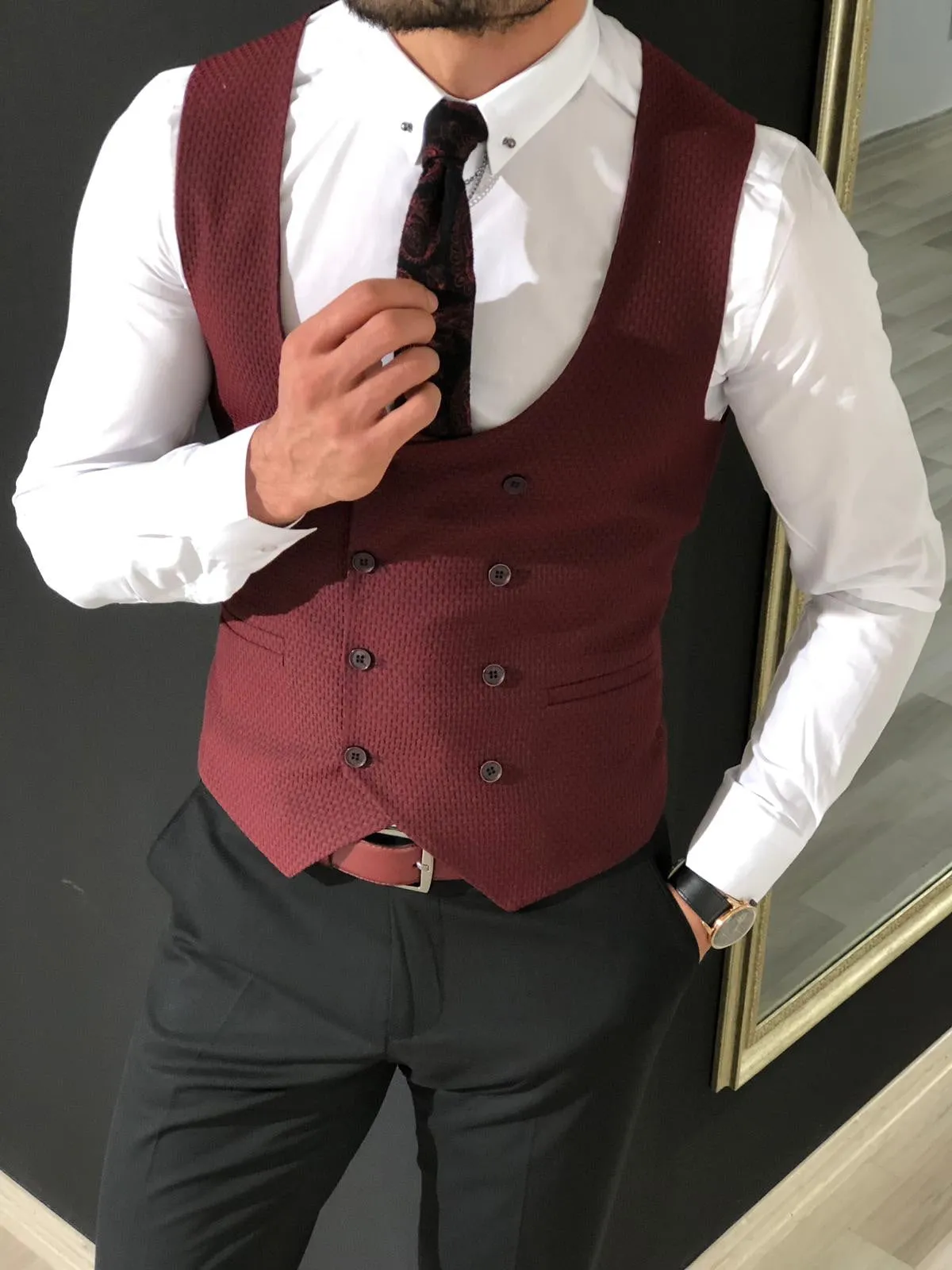 Slim-Fit Double  Breasted Vest Claretred