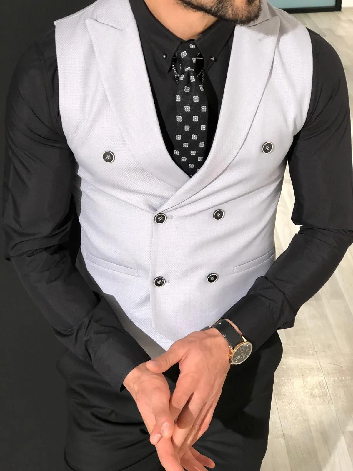 Slim-Fit Double  Breasted Vest Gray