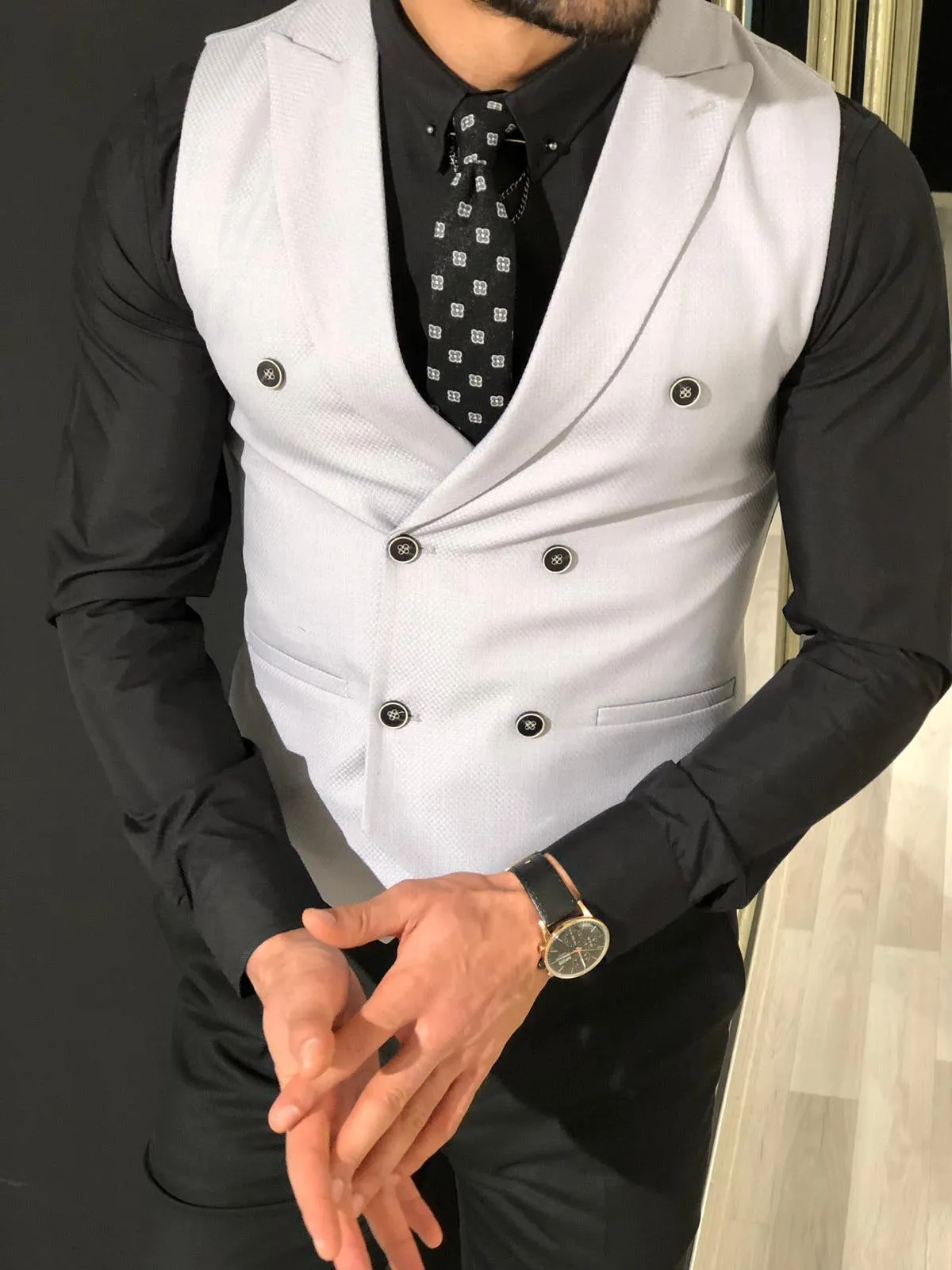 Slim-Fit Double  Breasted Vest Gray