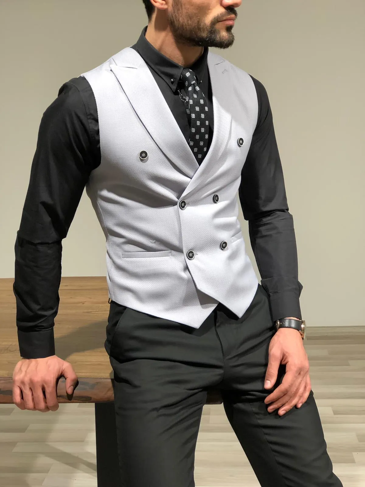 Slim-Fit Double  Breasted Vest Gray