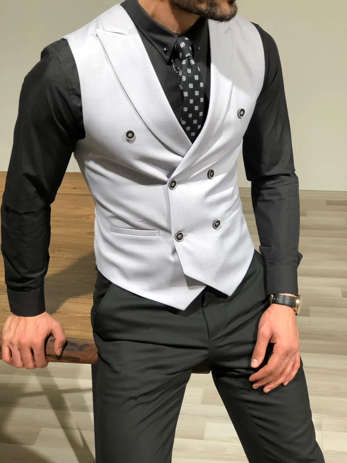 Slim-Fit Double  Breasted Vest Gray