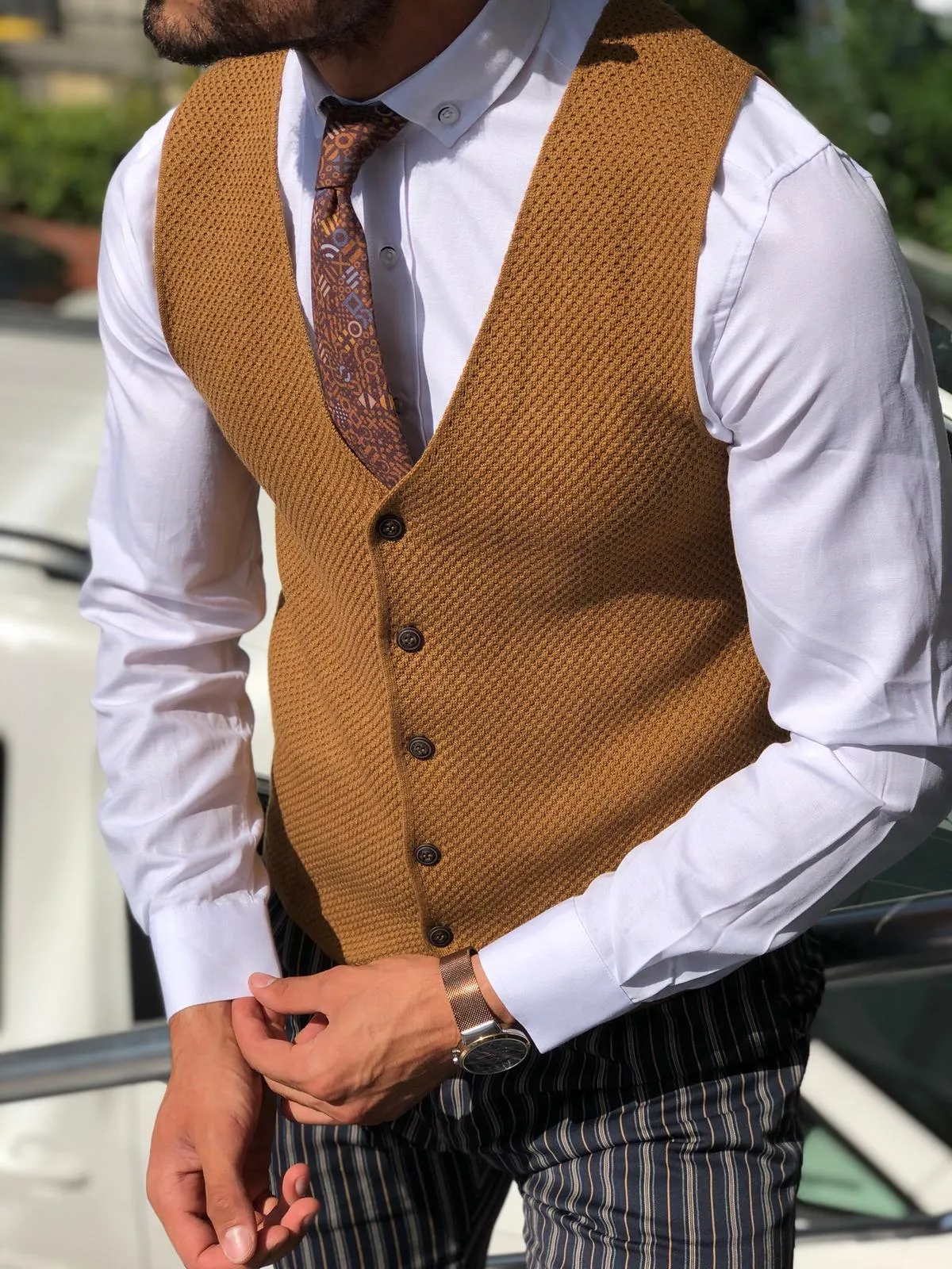 Slim-Fit Patterned Knitwear Vest Tobacco