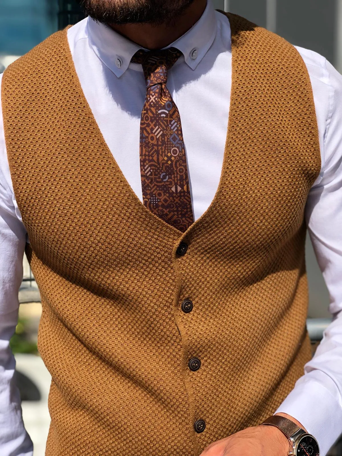 Slim-Fit Patterned Knitwear Vest Tobacco