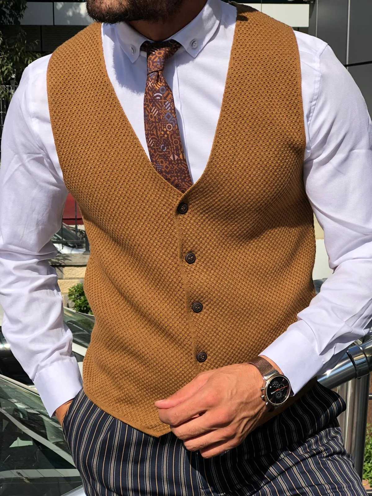 Slim-Fit Patterned Knitwear Vest Tobacco