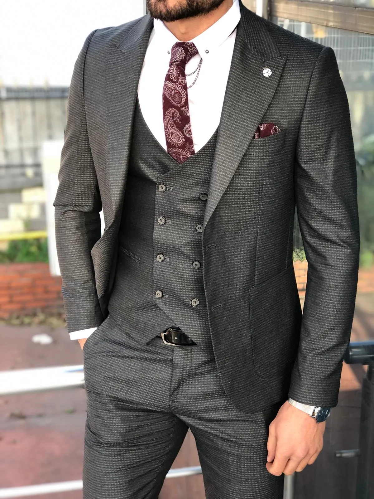 Slim-Fit Patterned  Suit Vest Anthracite