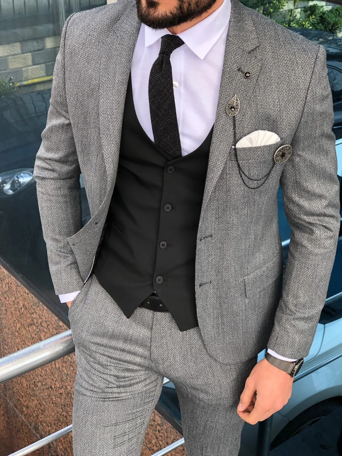 Slim-Fit Patterned Suit Vest Black