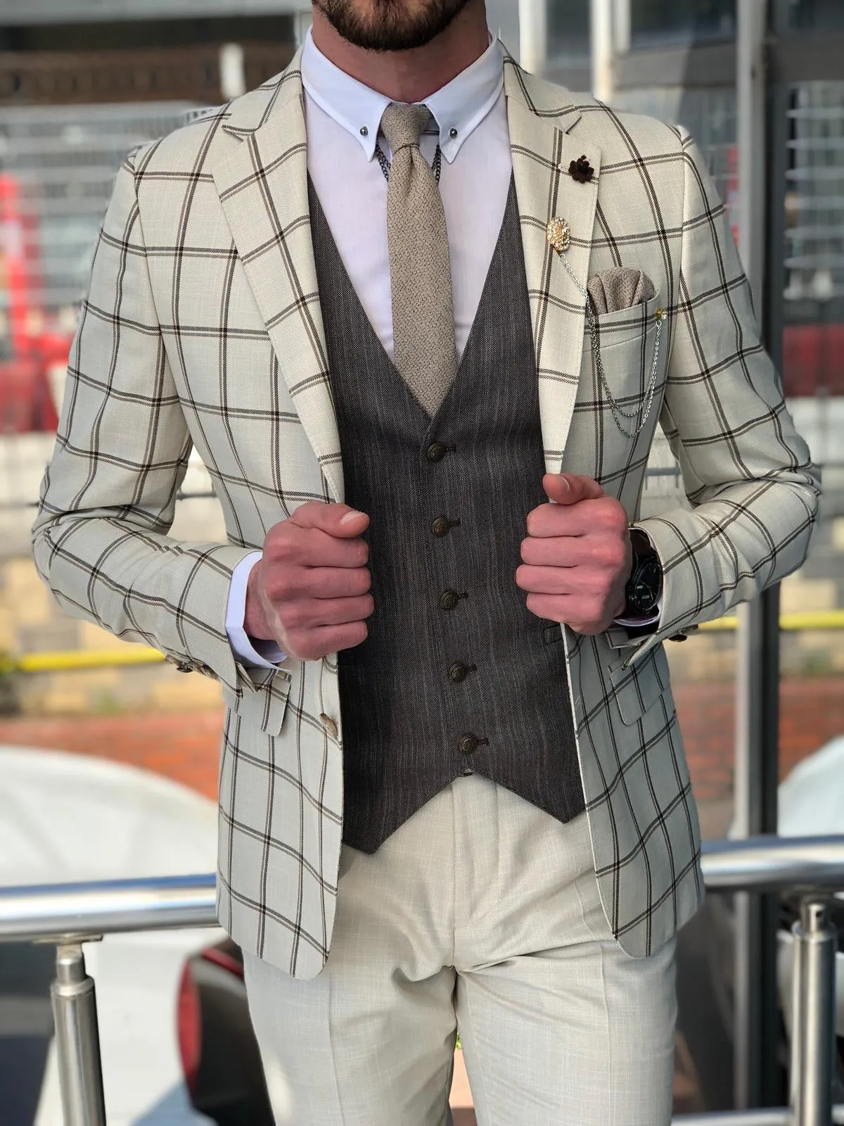 Slim-Fit Plaid Suit Vest Beige