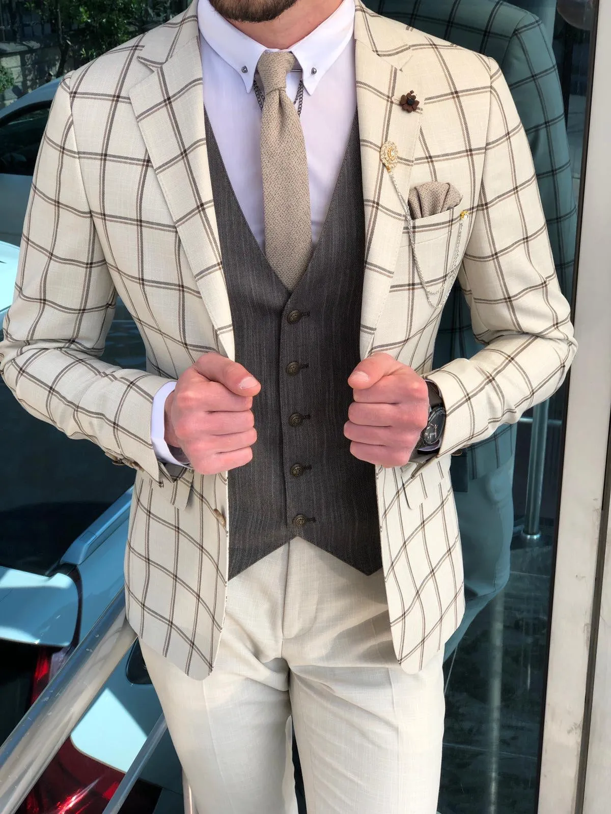 Slim-Fit Plaid Suit Vest Beige