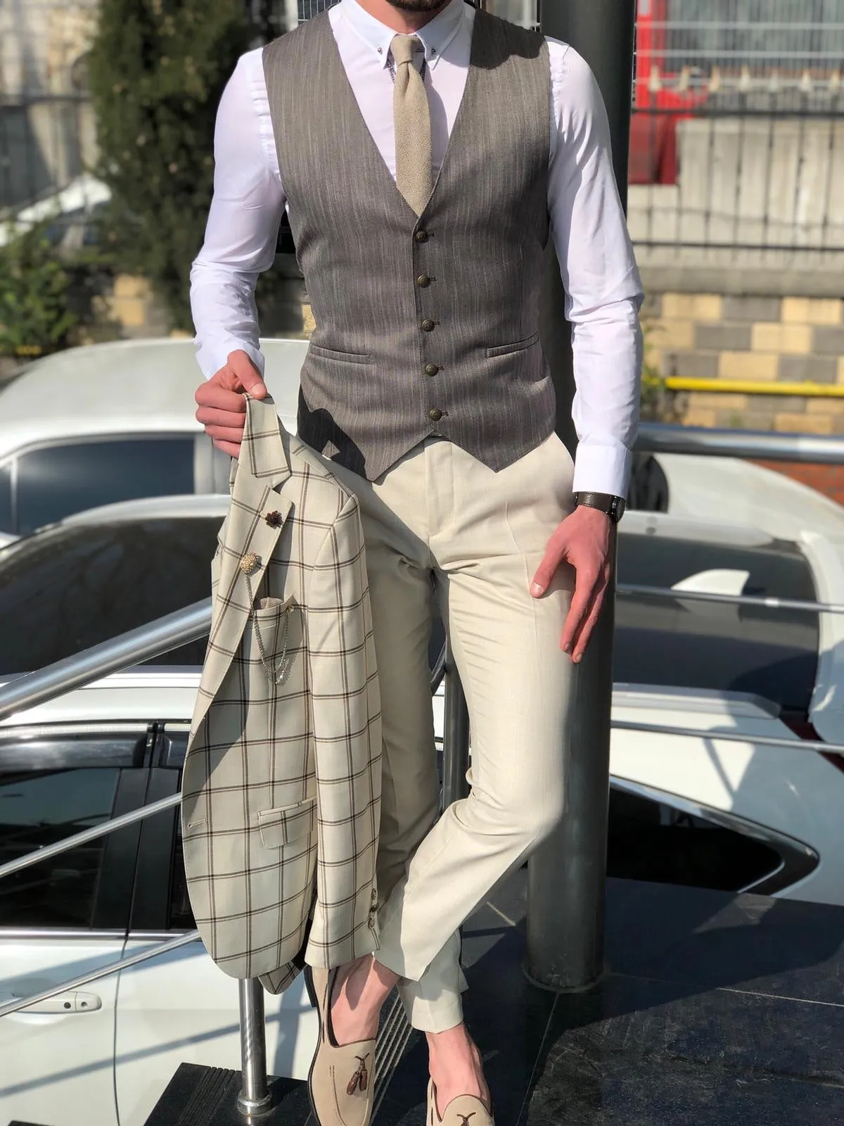 Slim-Fit Plaid Suit Vest Beige