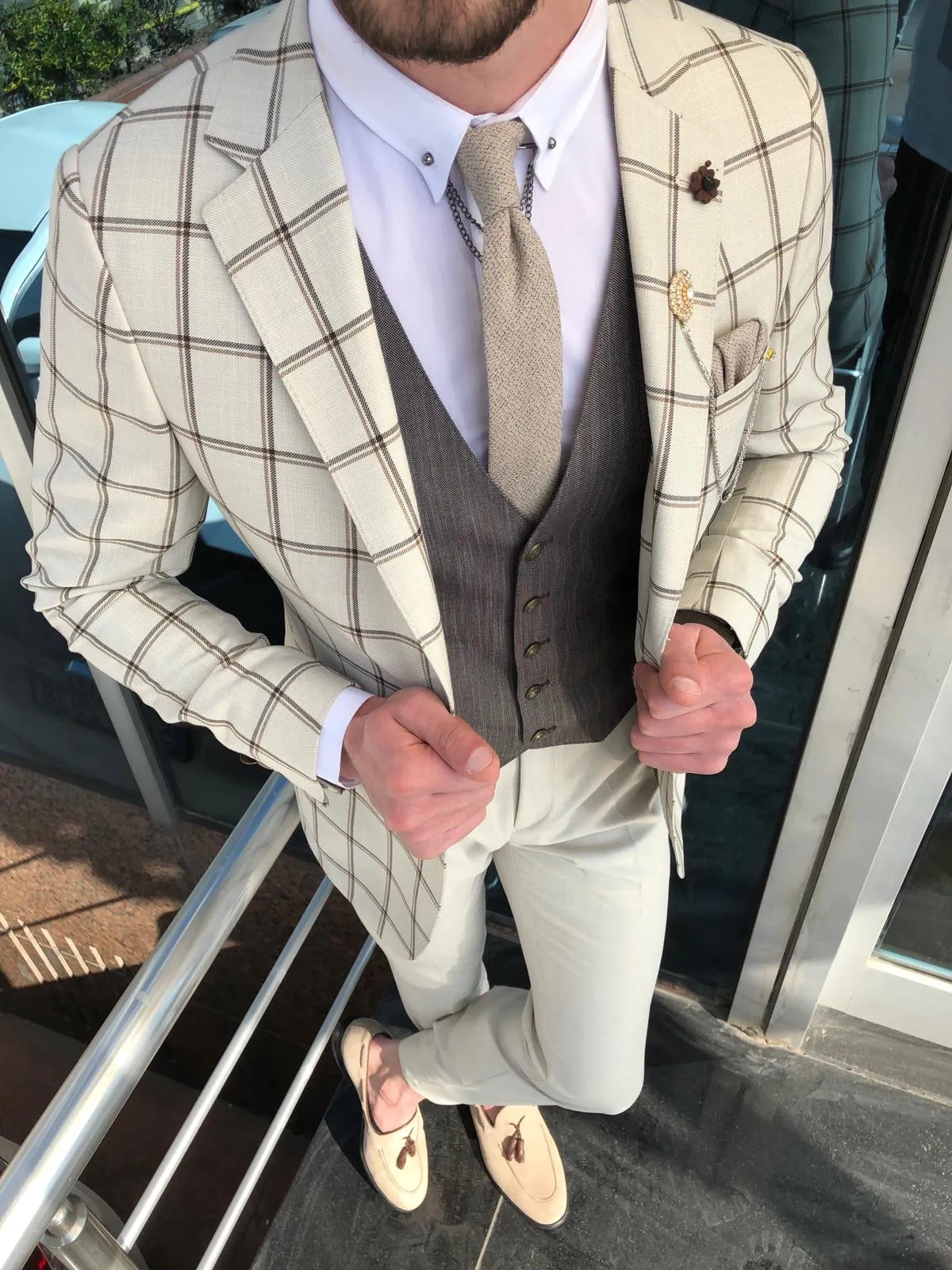 Slim-Fit Plaid Suit Vest Beige