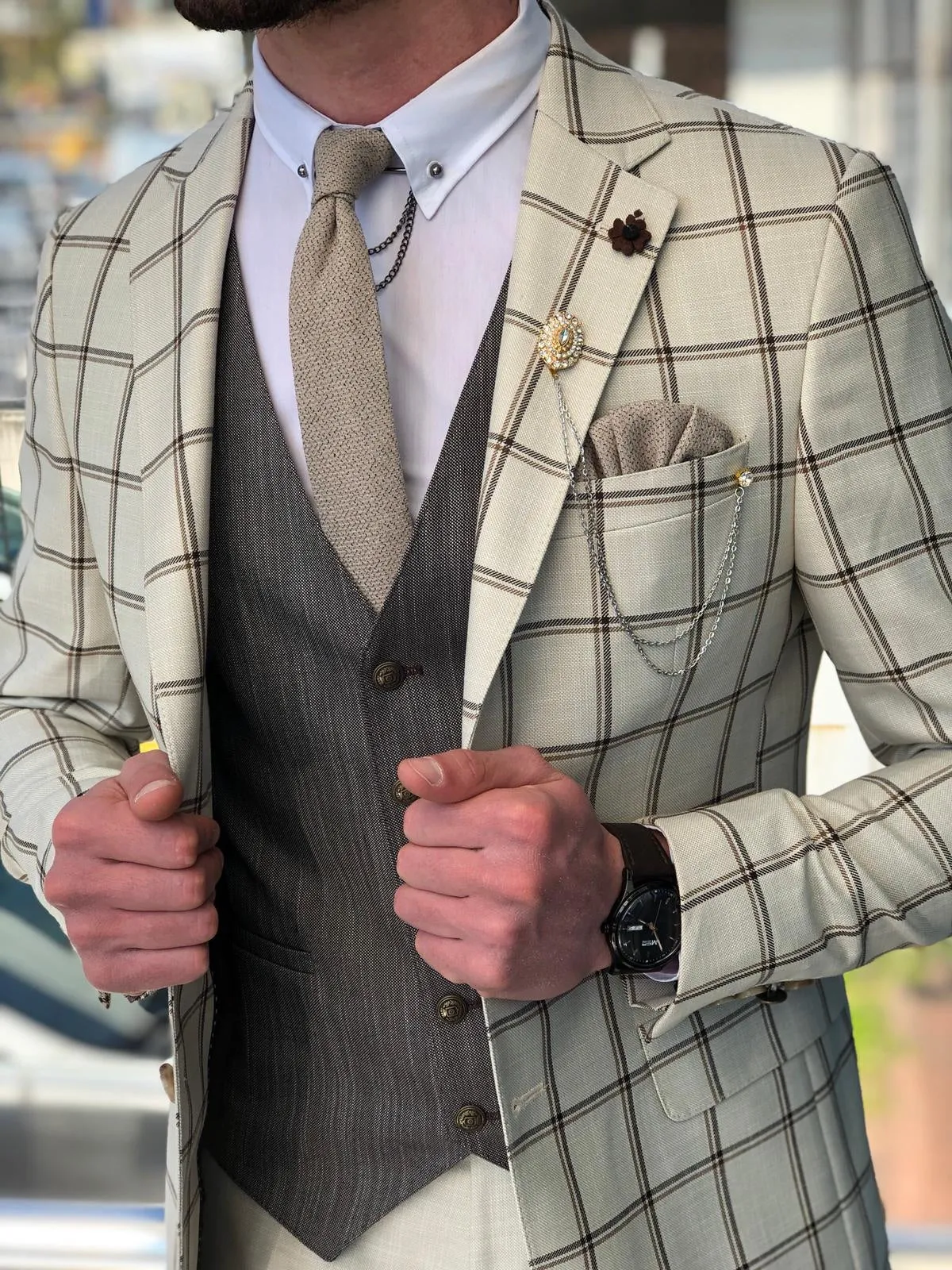 Slim-Fit Plaid Suit Vest Beige