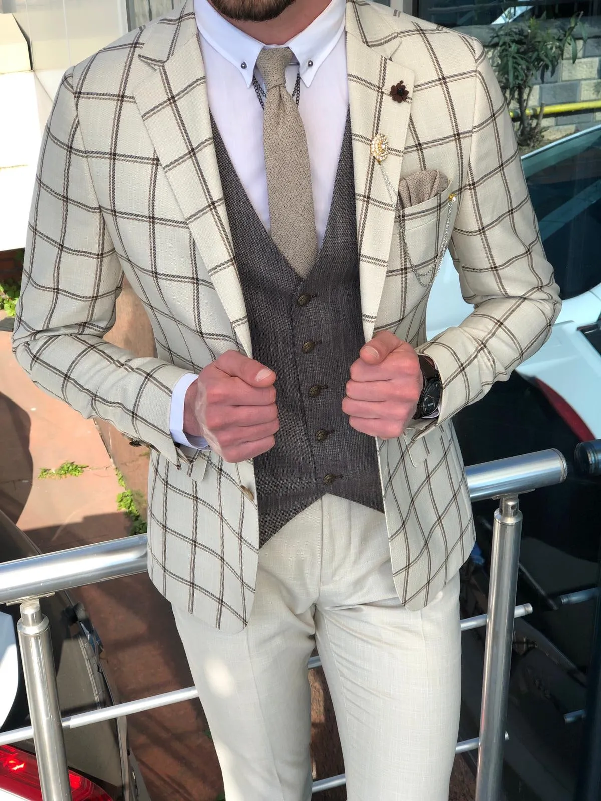 Slim-Fit Plaid Suit Vest Beige