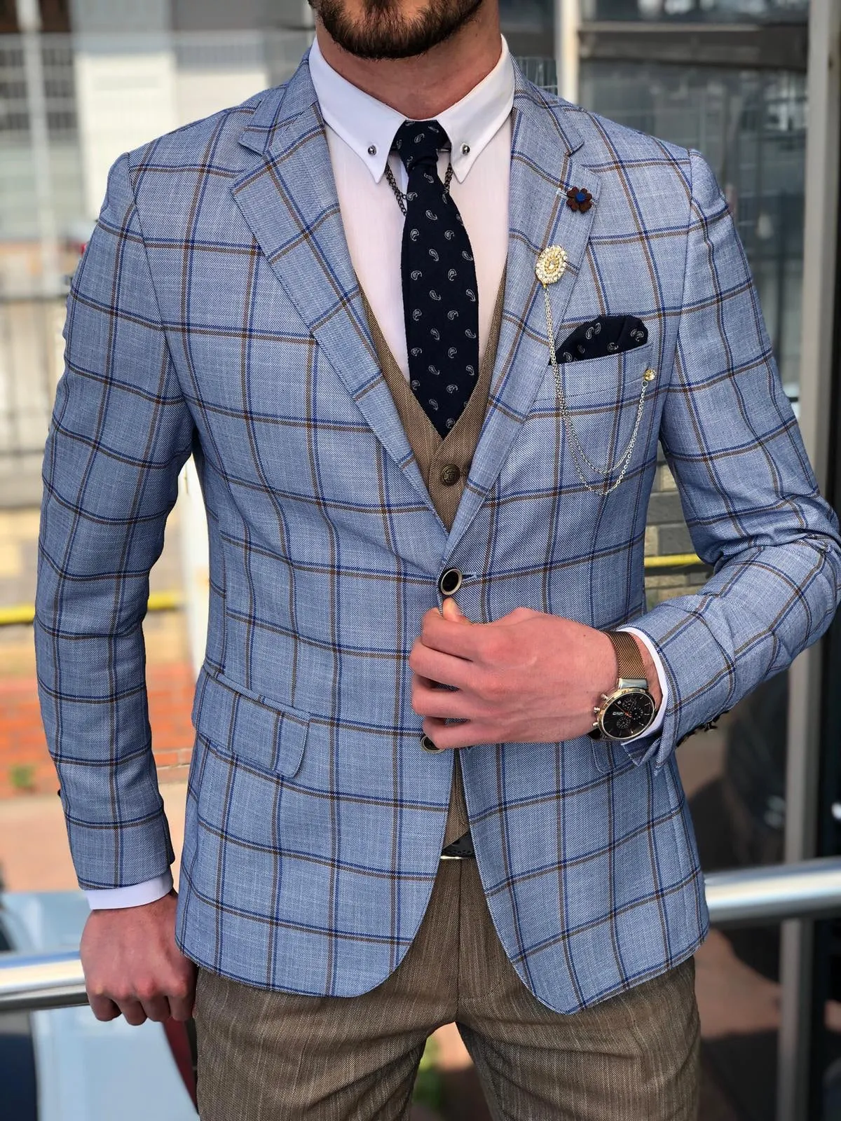 Slim-Fit Plaid Suit Vest Blue