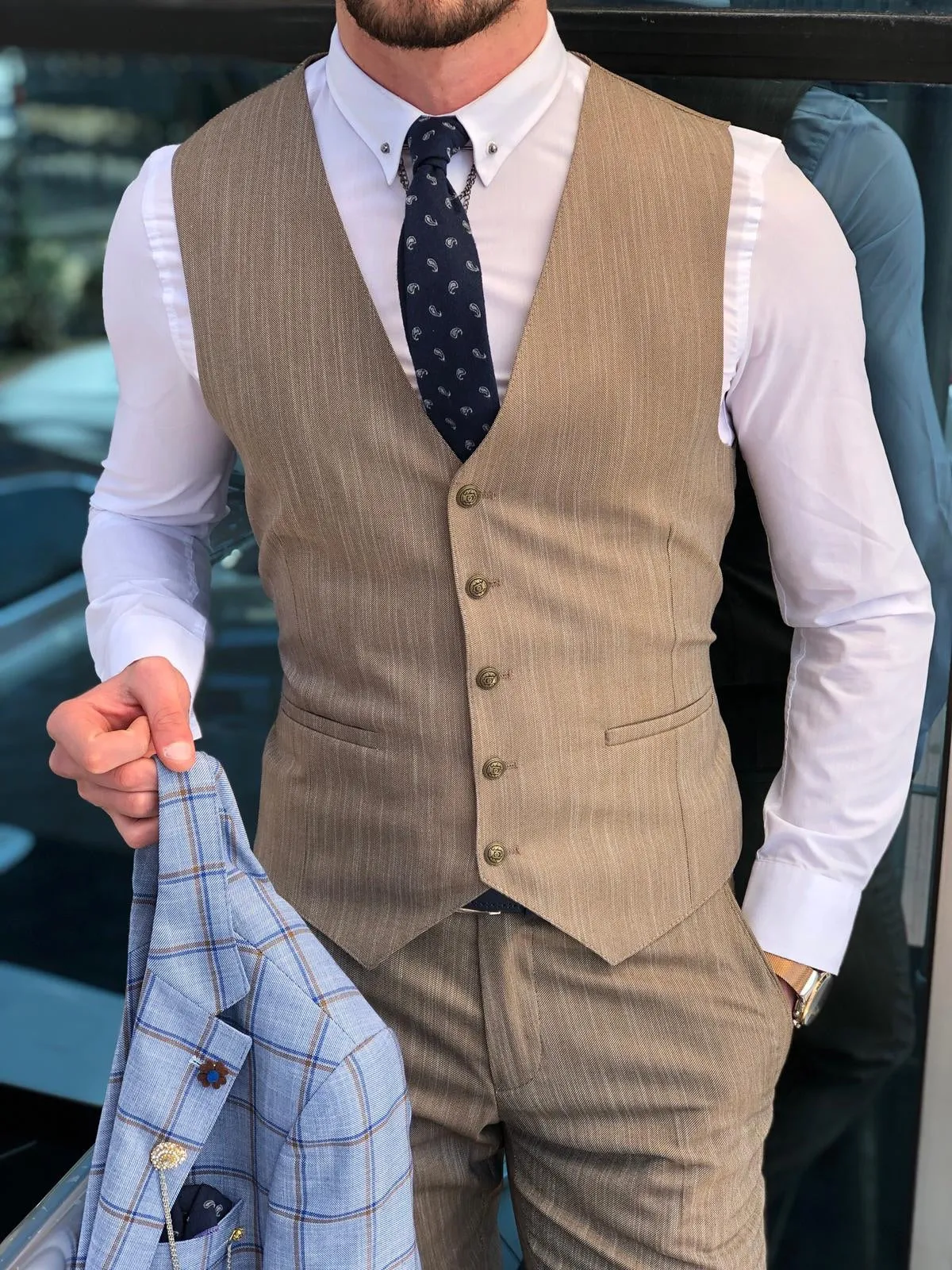 Slim-Fit Plaid Suit Vest Blue