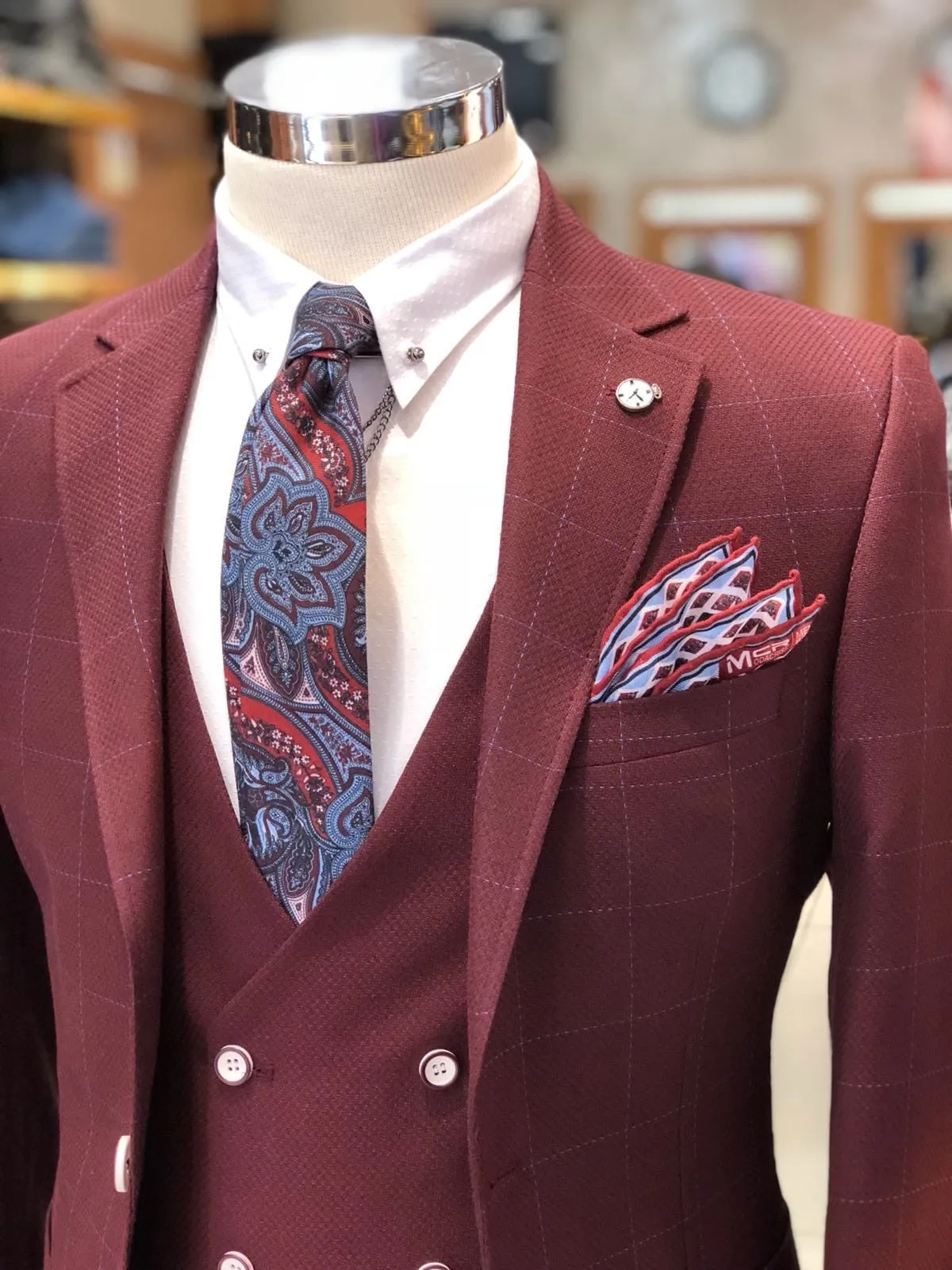 Slim-Fit Plaid Suit Vest Bordeaux