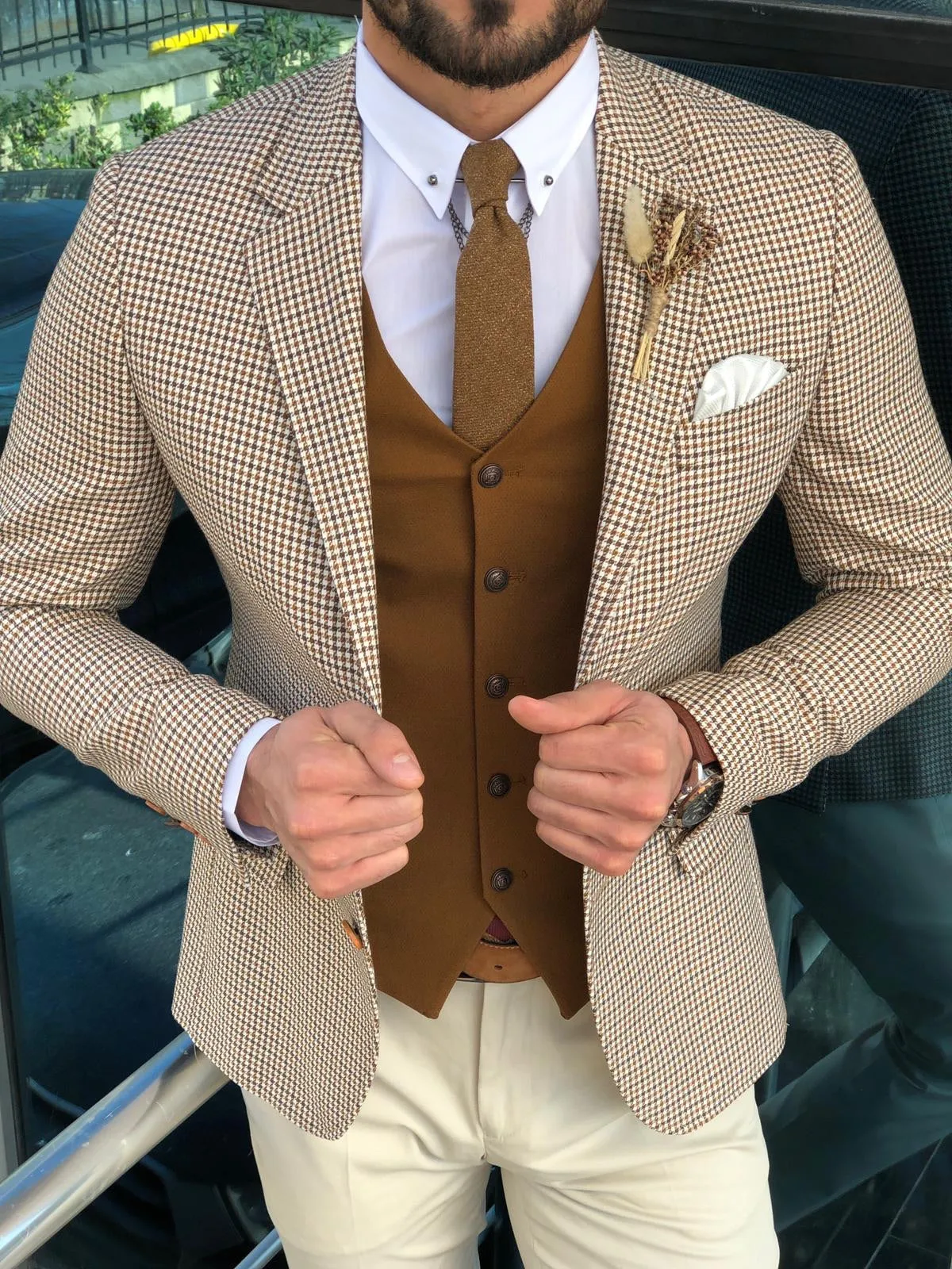 Slim-Fit Plaid Suit Vest Camel