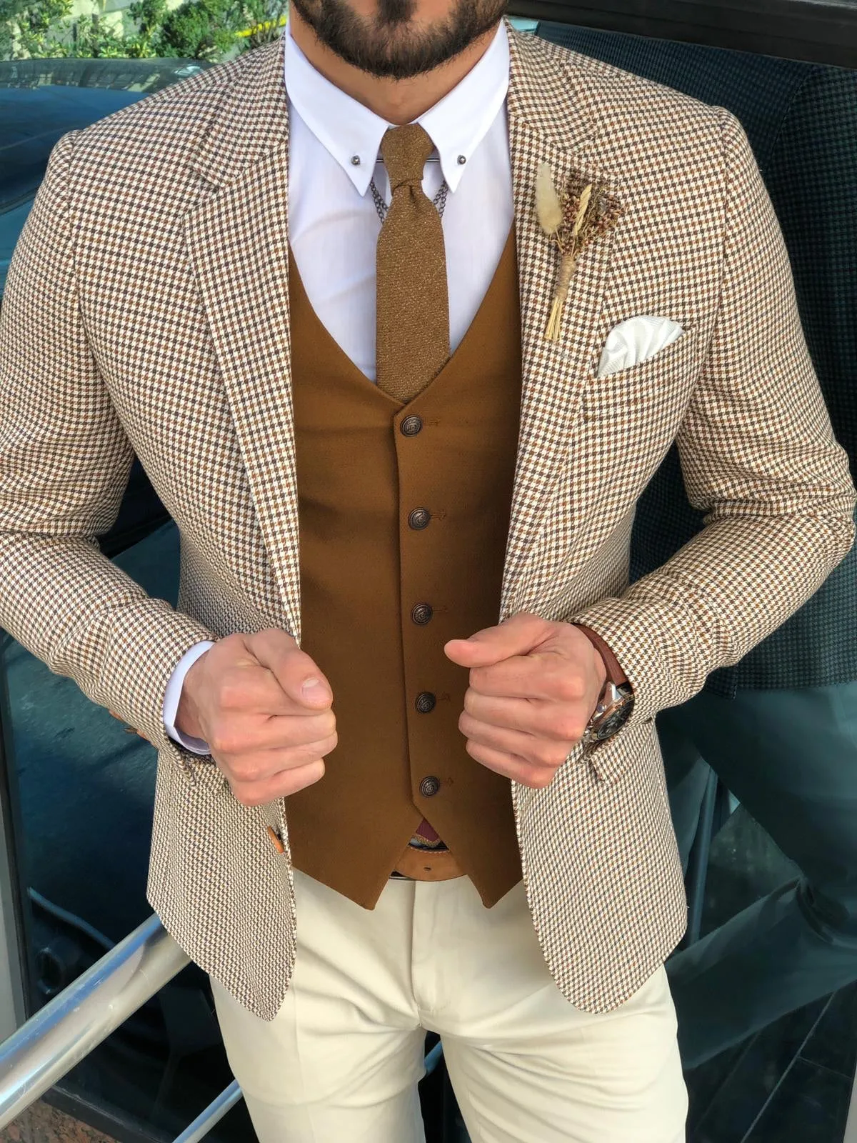 Slim-Fit Plaid Suit Vest Camel