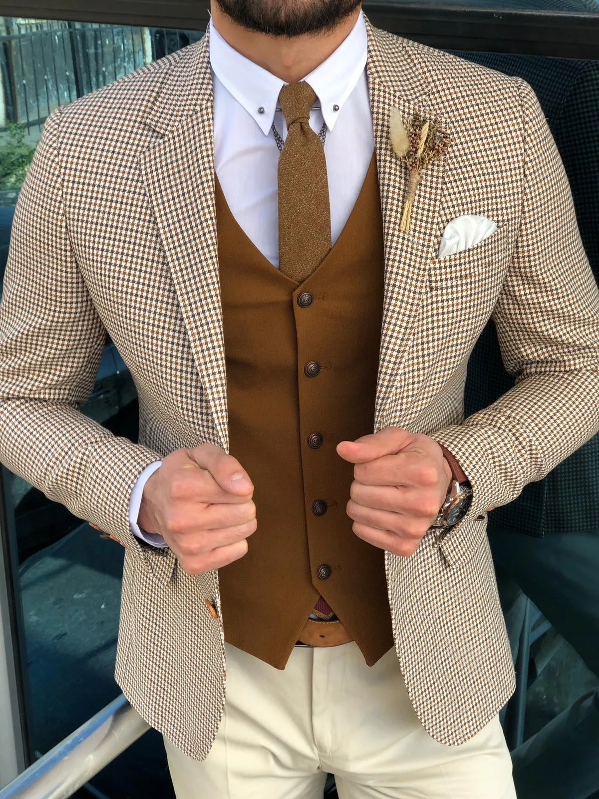 Slim-Fit Plaid Suit Vest Camel