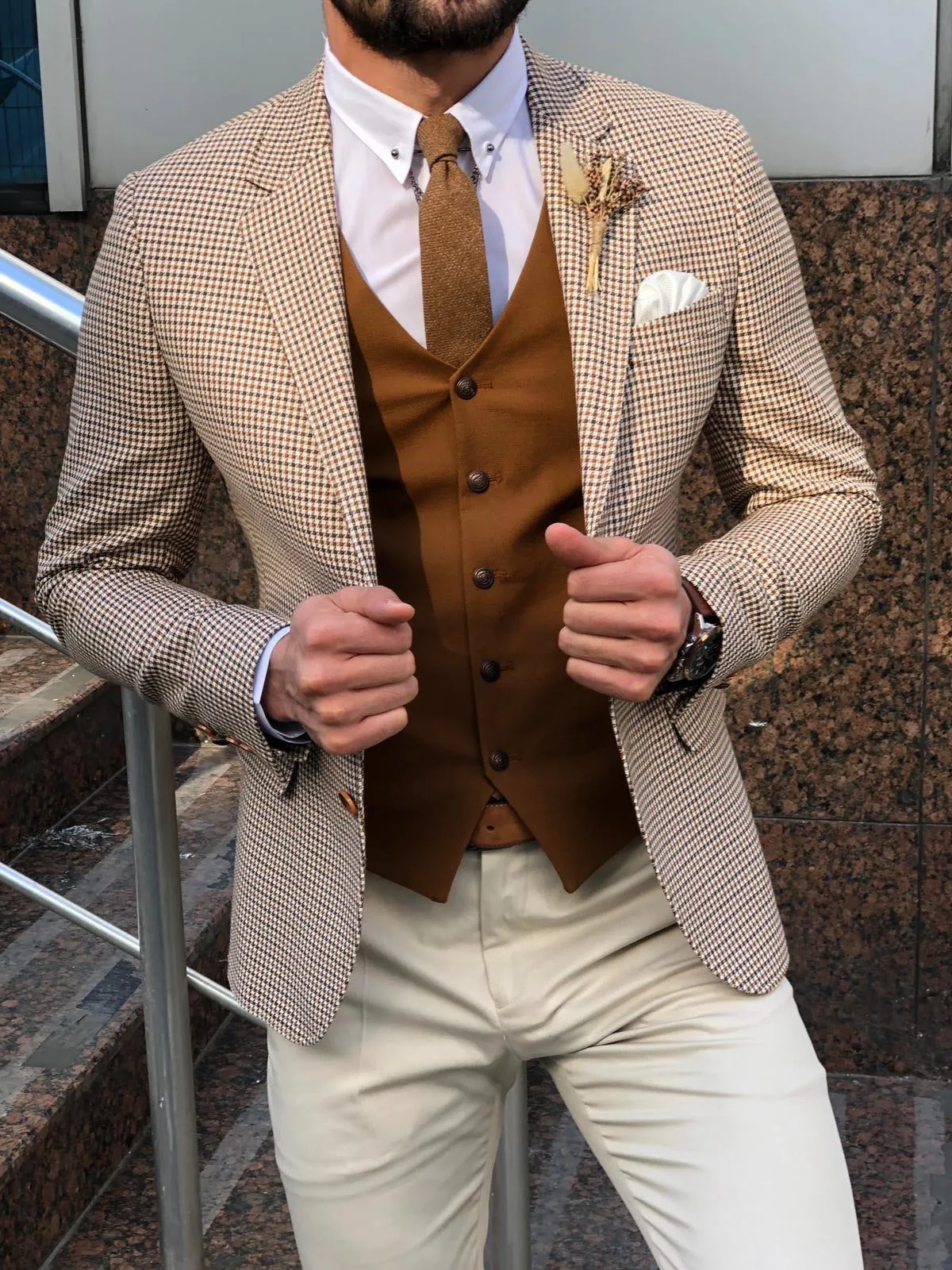 Slim-Fit Plaid Suit Vest Camel