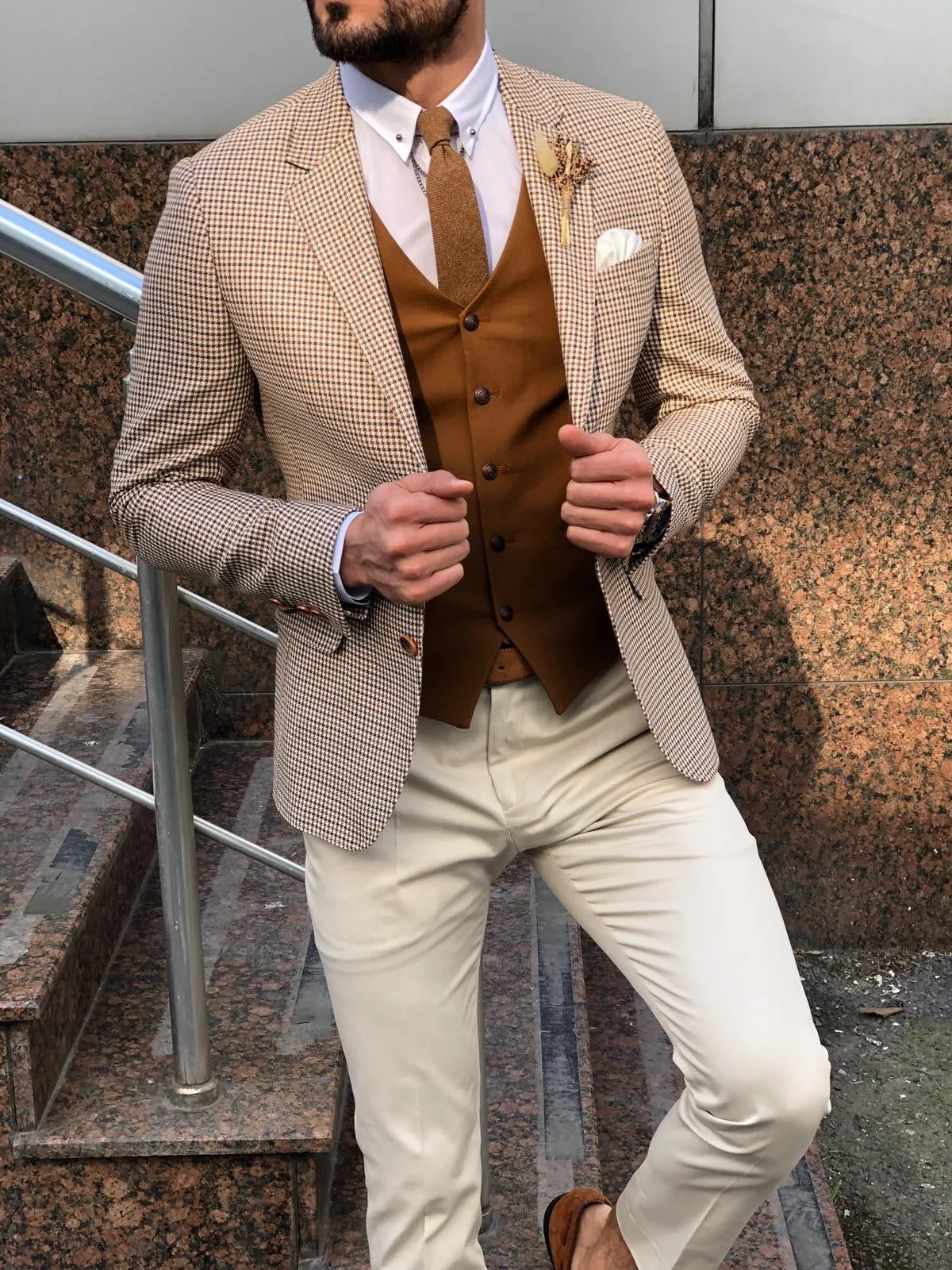 Slim-Fit Plaid Suit Vest Camel