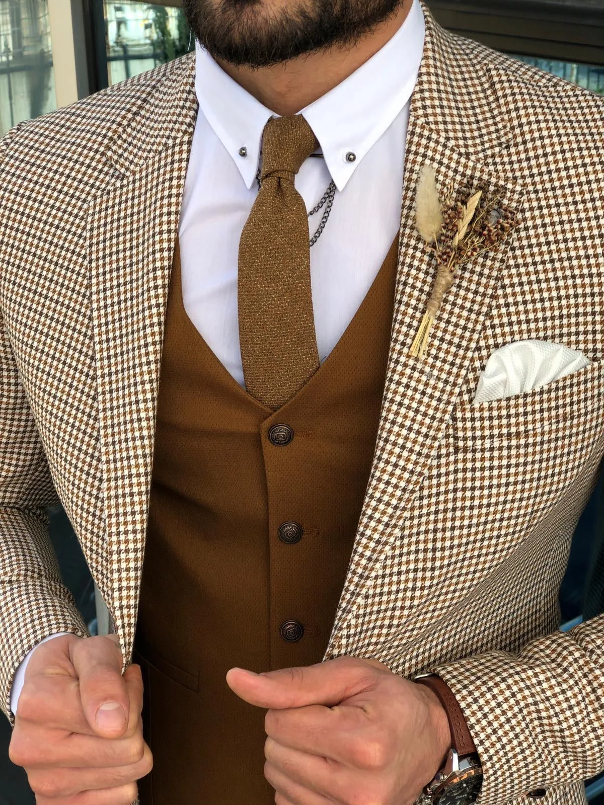 Slim-Fit Plaid Suit Vest Camel