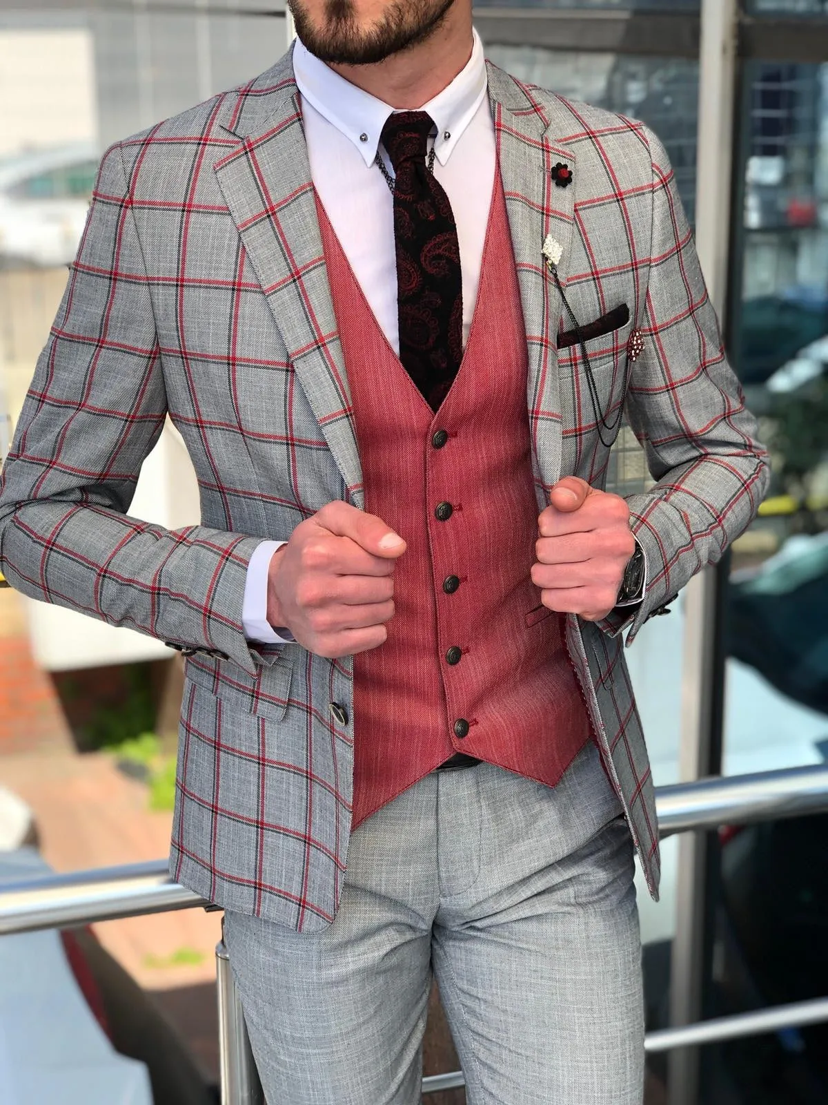 Slim-Fit Plaid Suit Vest Gray