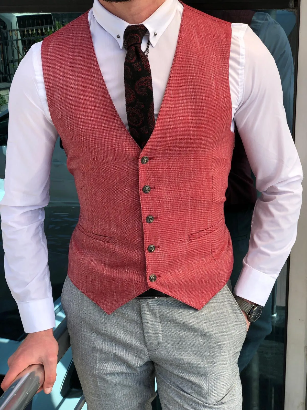 Slim-Fit Plaid Suit Vest Gray