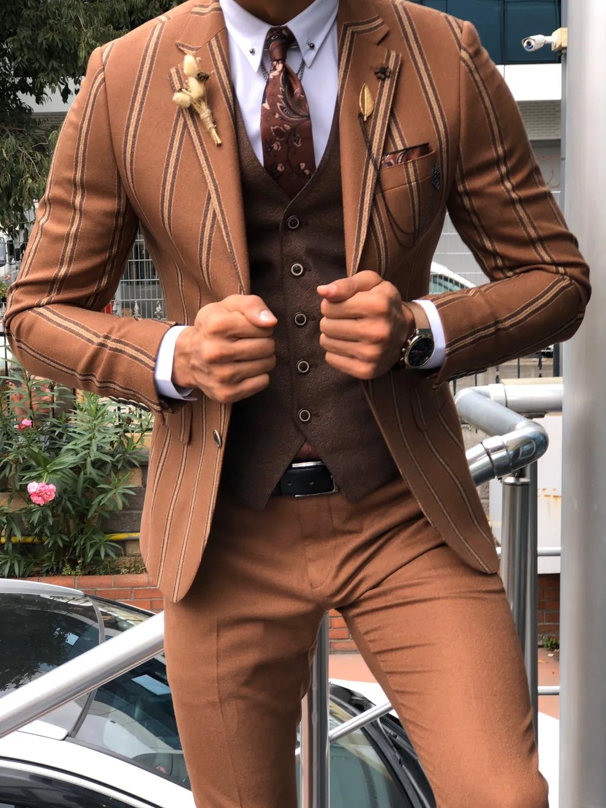 Slim-Fit Striped Suit Vest Camel