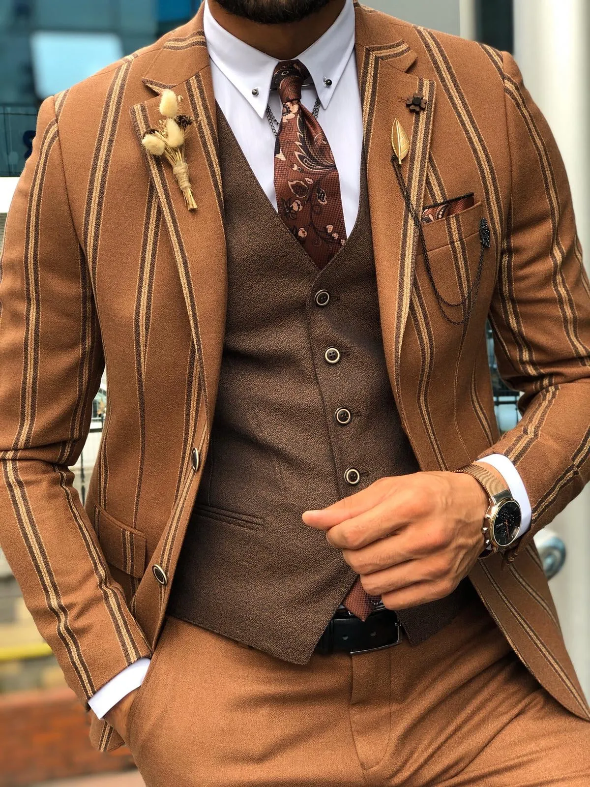 Slim-Fit Striped Suit Vest Camel