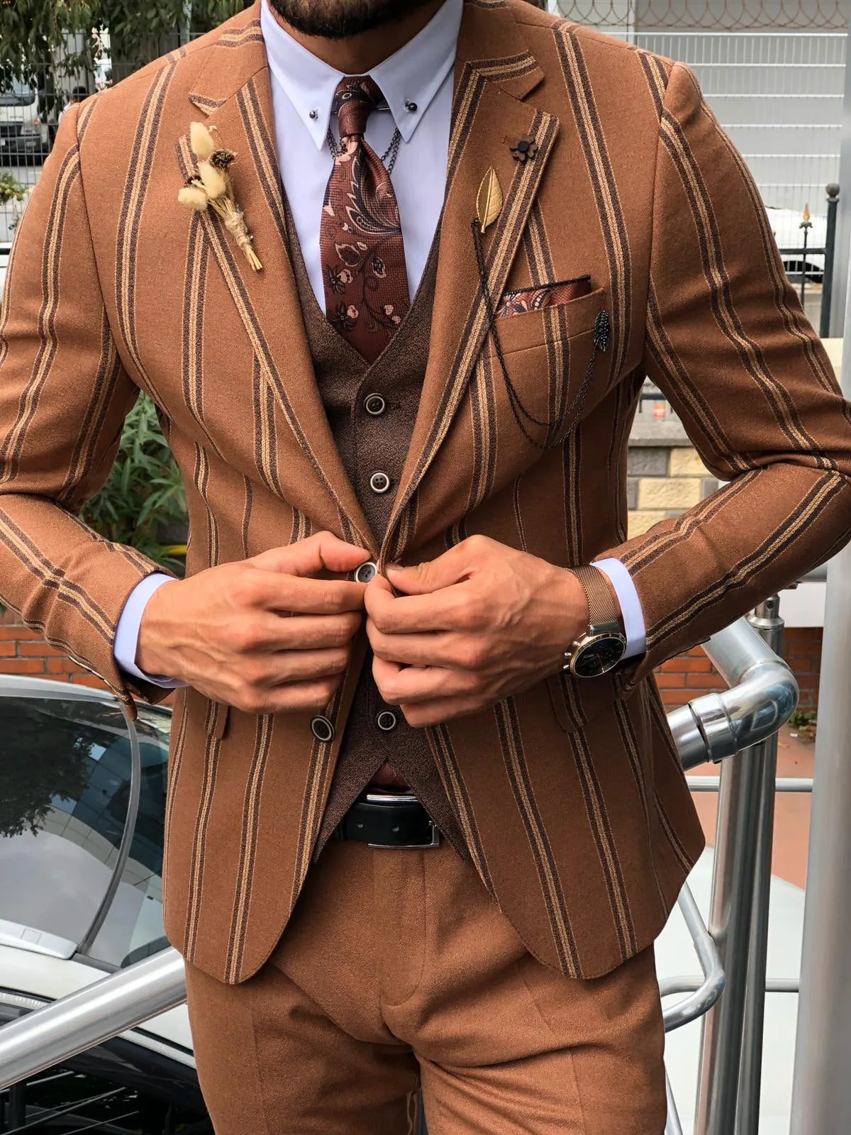 Slim-Fit Striped Suit Vest Camel