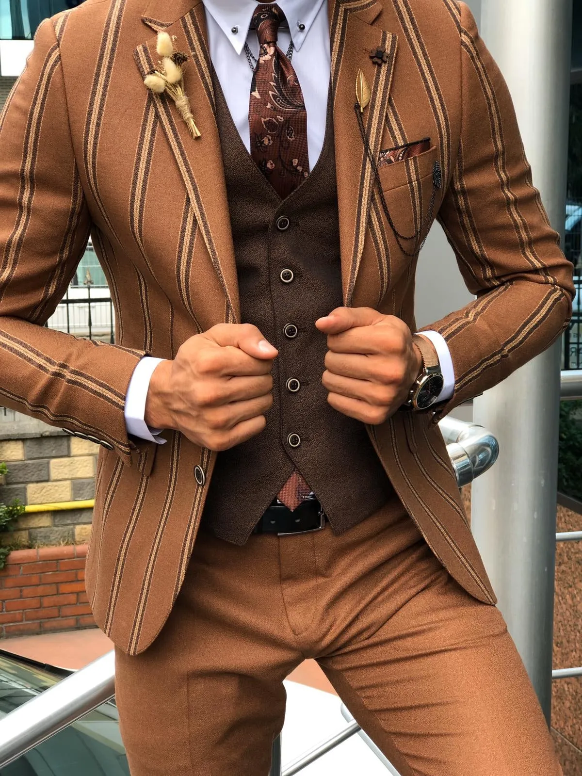 Slim-Fit Striped Suit Vest Camel