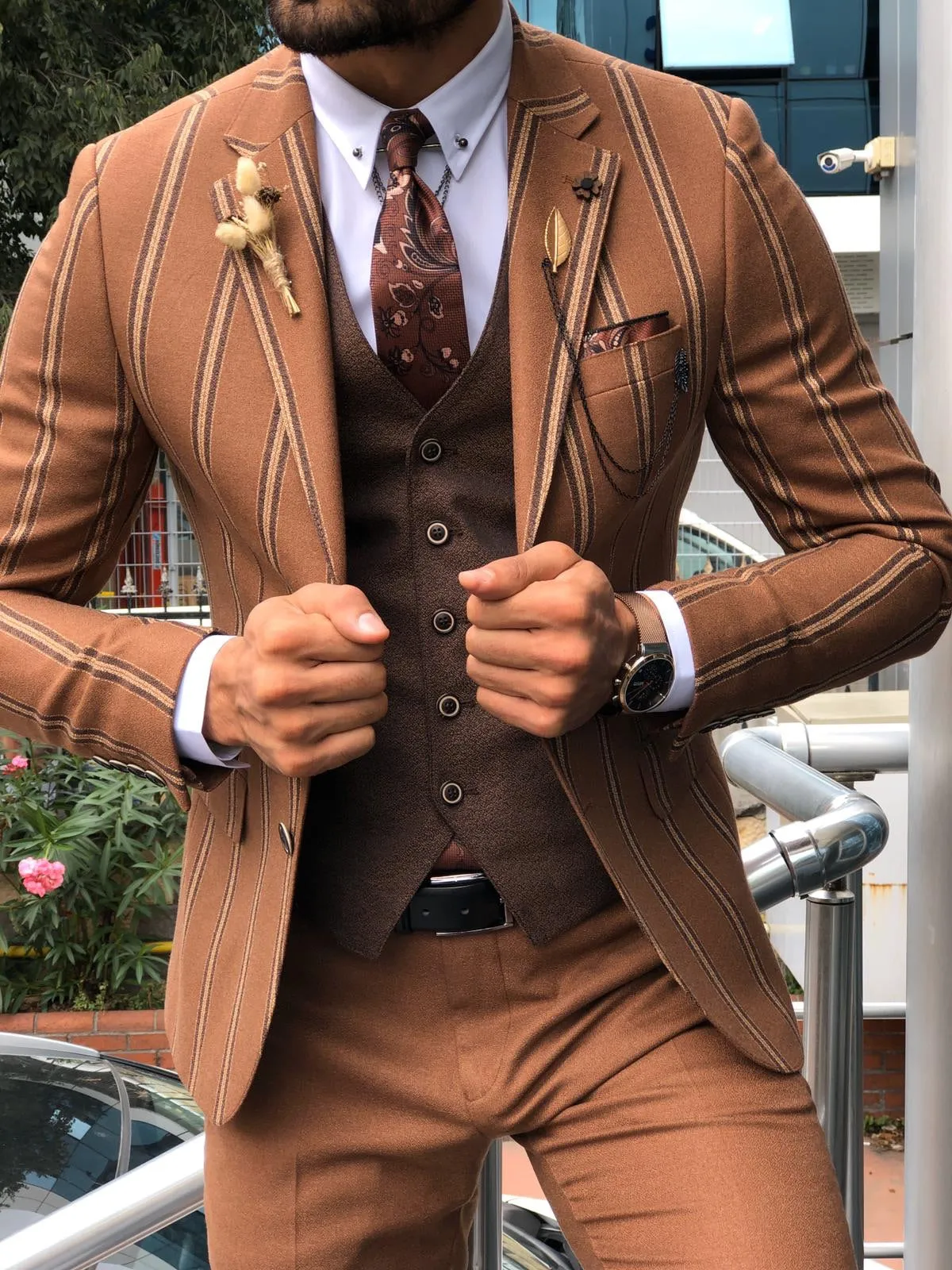 Slim-Fit Striped Suit Vest Camel