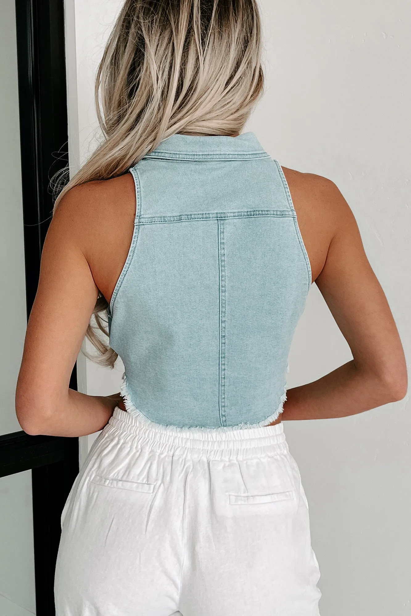 Straight Up Country Sleeveless Denim Crop Top (Denim)