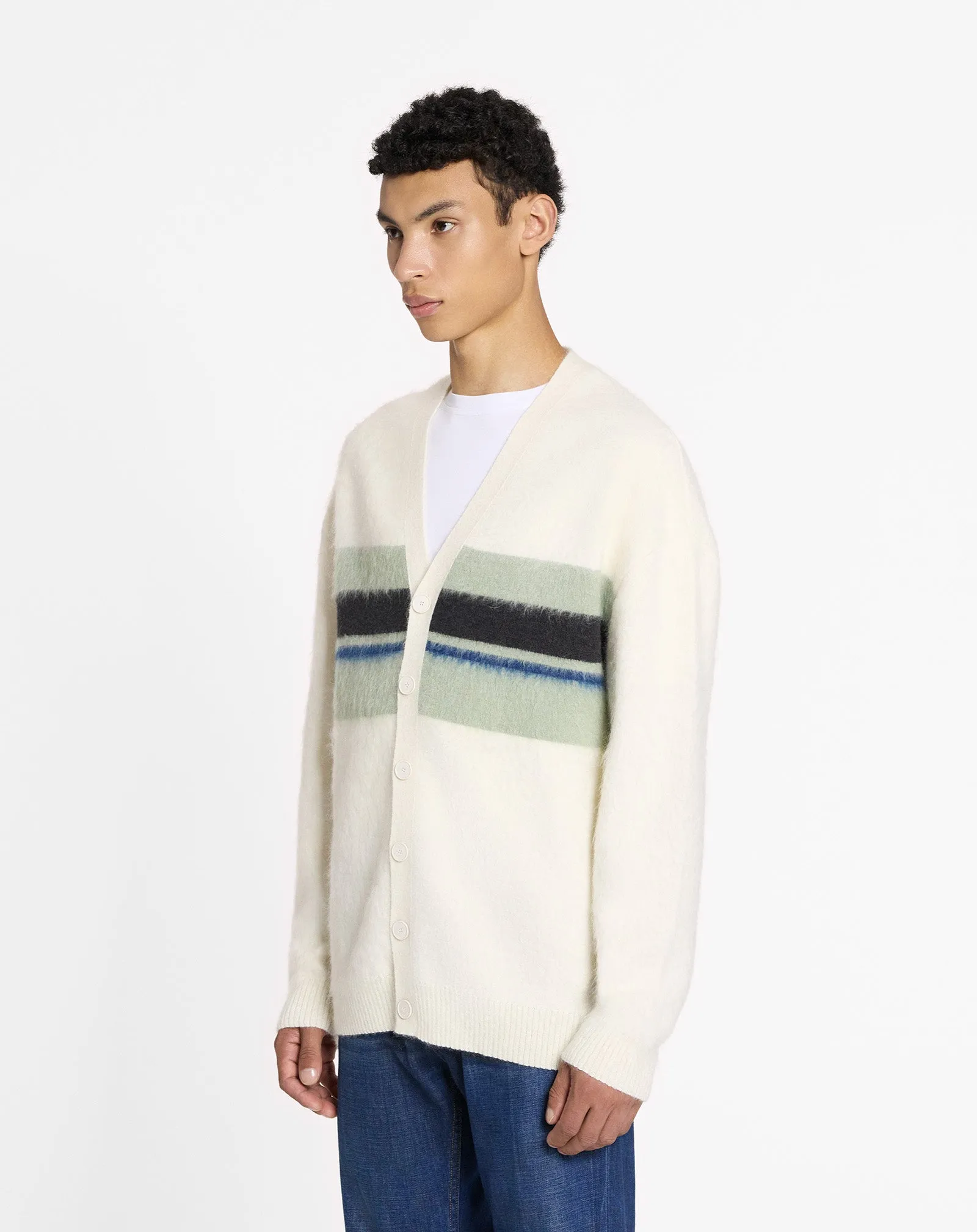 STRIPED BRUSHED MOHAIR CARDIGAN