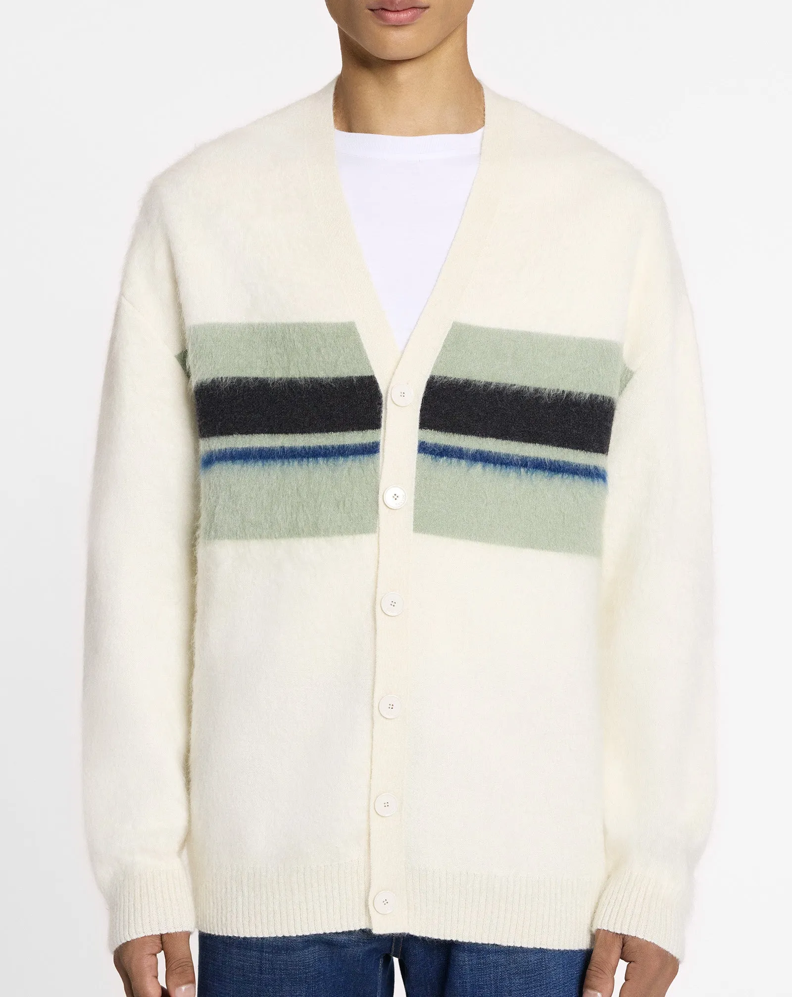 STRIPED BRUSHED MOHAIR CARDIGAN