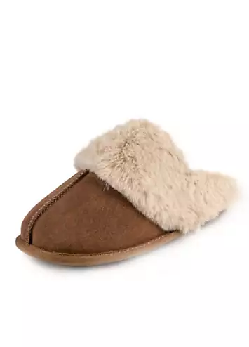 Tan Real Suede Mules with Fur Cuffs by Totes | Look Again