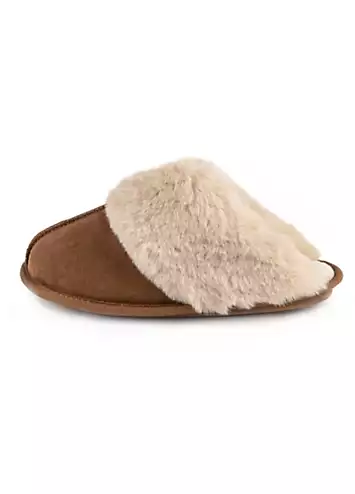 Tan Real Suede Mules with Fur Cuffs by Totes | Look Again