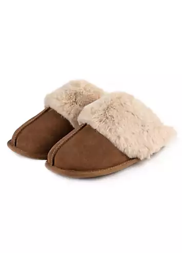 Tan Real Suede Mules with Fur Cuffs by Totes | Look Again