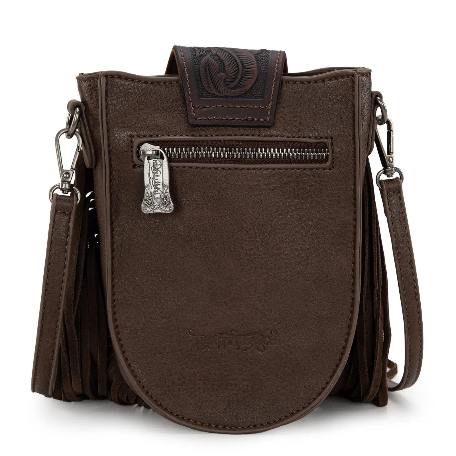 TR180-8360  Trinity Ranch Genuine Hair-On Cowhide Tooled Fringe  Crossbody Bag- Coffee