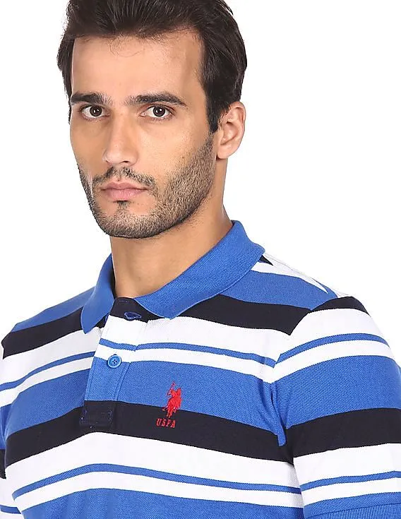 U.S. Polo Assn. Men Blue Cotton Striped Polo Shirt