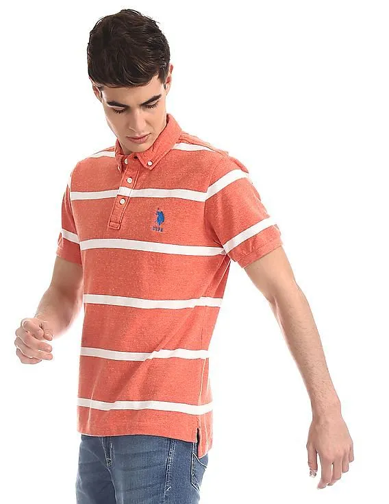 U.S. Polo Assn. Orange Button Down Collar Striped Polo Shirt