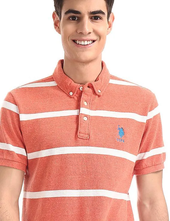 U.S. Polo Assn. Orange Button Down Collar Striped Polo Shirt