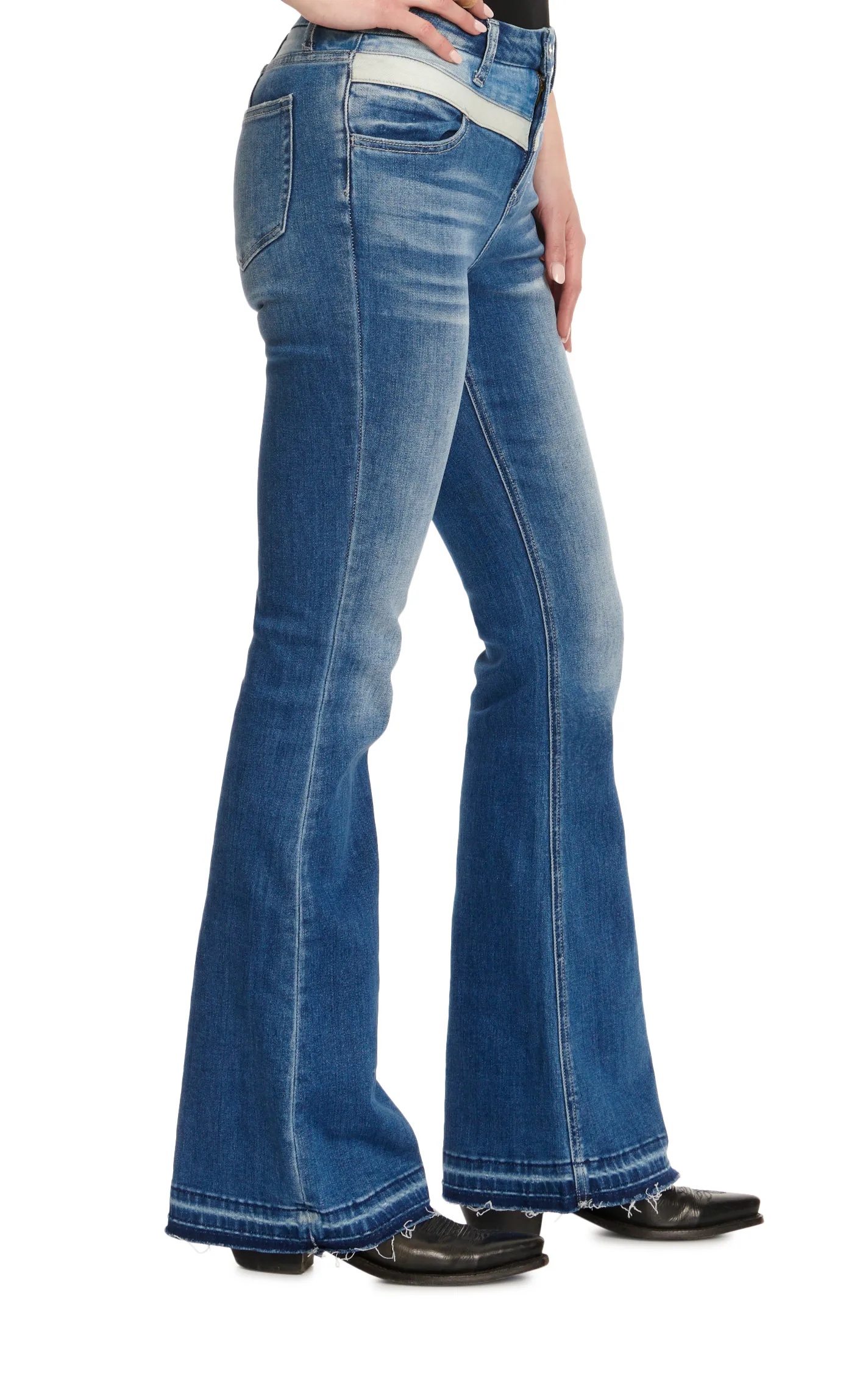 Vervet Women's Medium Wash High Rise V-Stripe Double Yoke Flare Leg Jeans