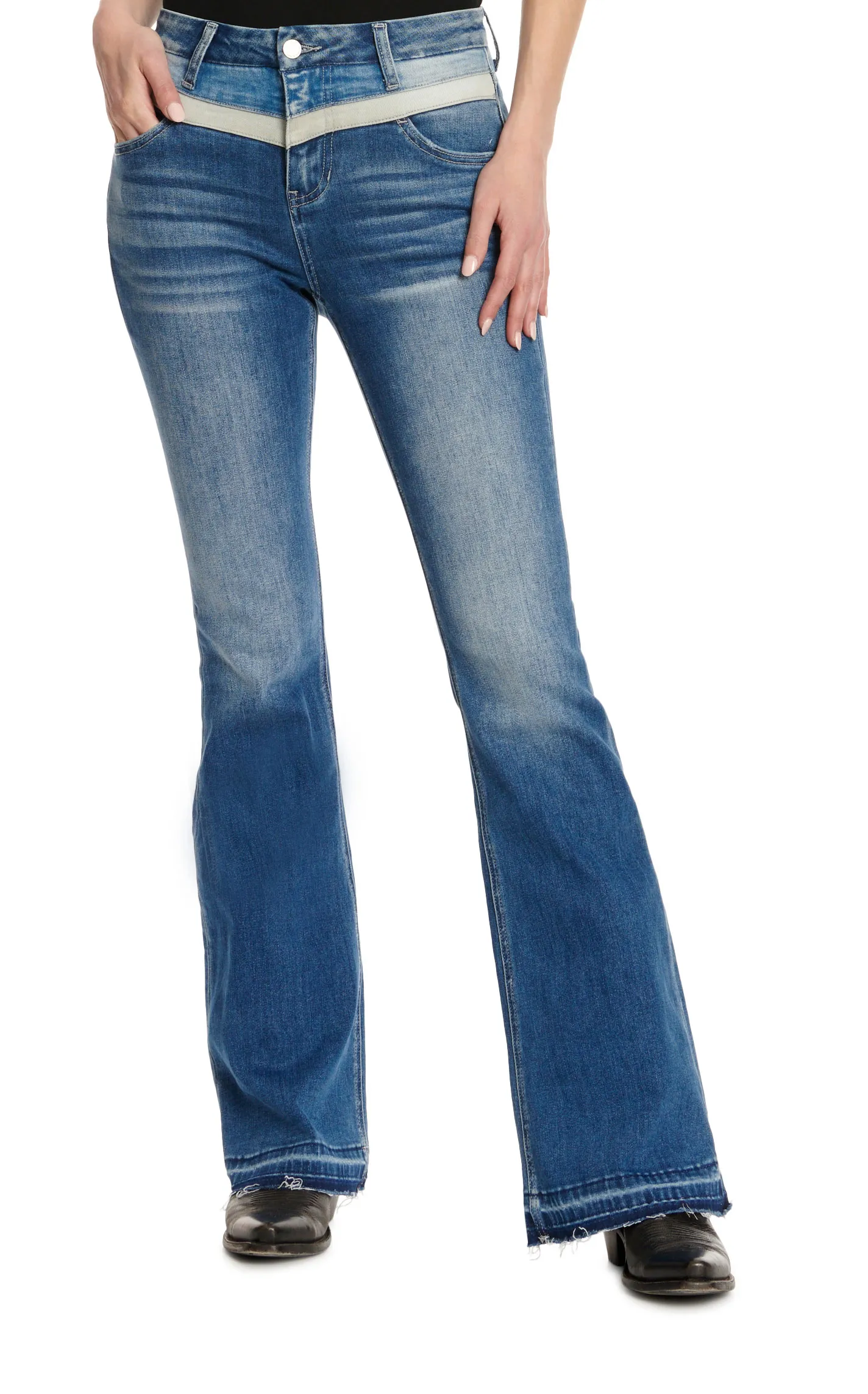 Vervet Women's Medium Wash High Rise V-Stripe Double Yoke Flare Leg Jeans