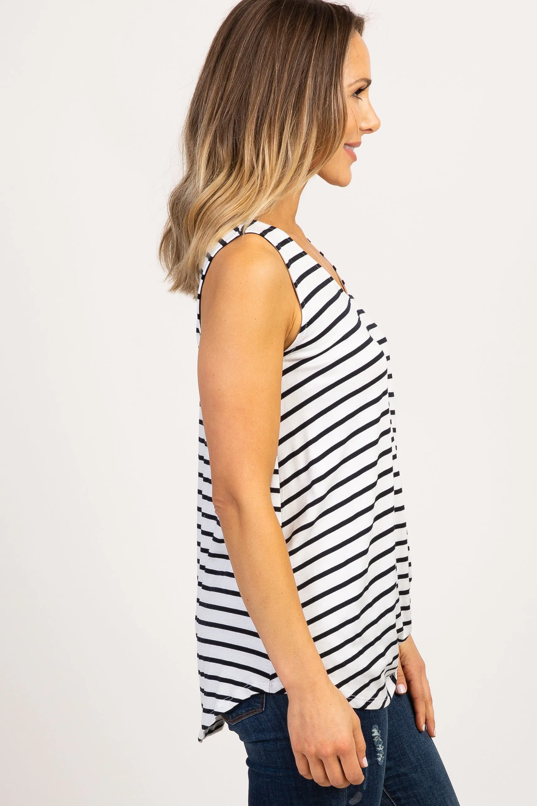 White Striped Sleeveless Tie Front Top