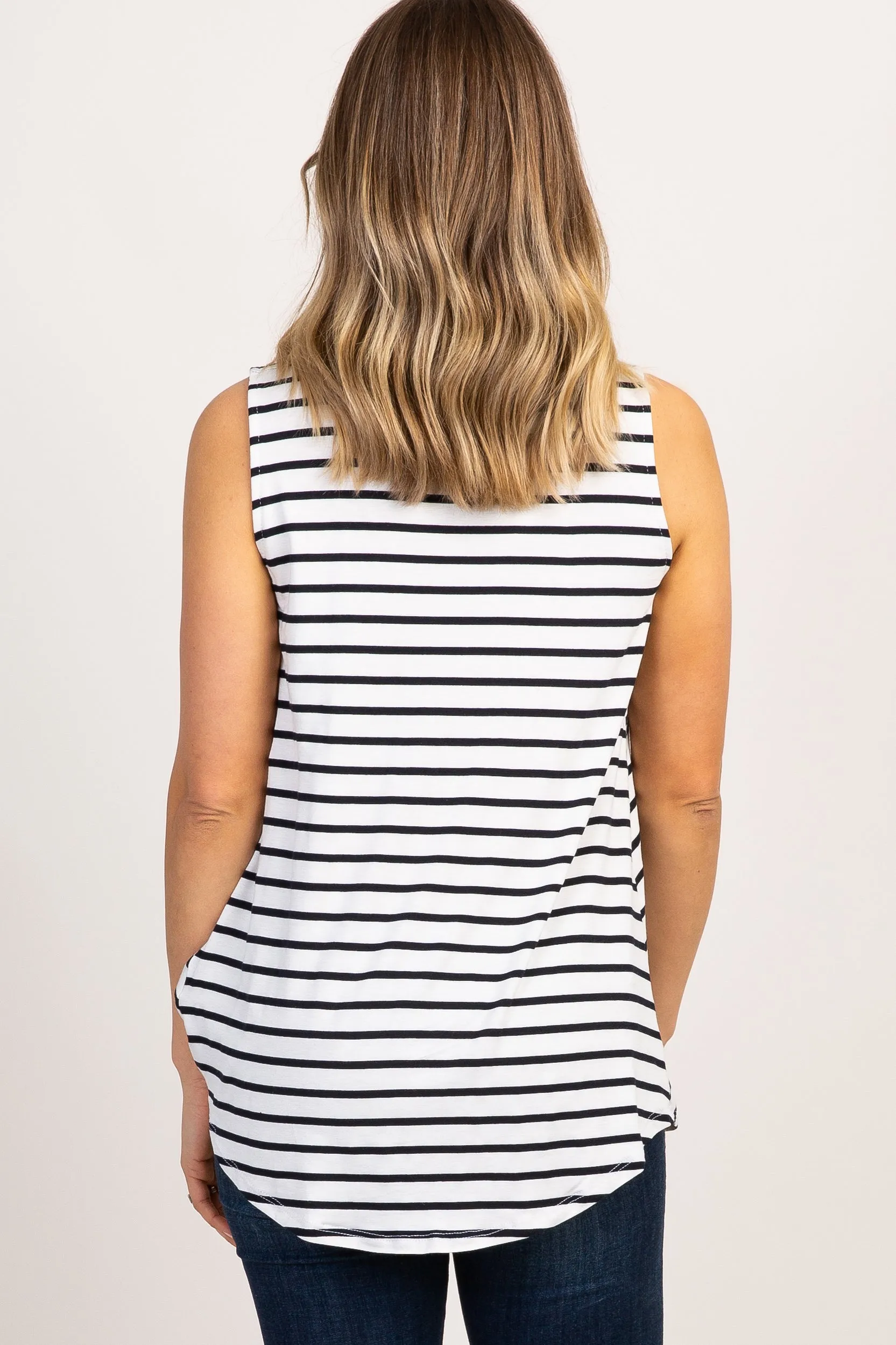 White Striped Sleeveless Tie Front Top