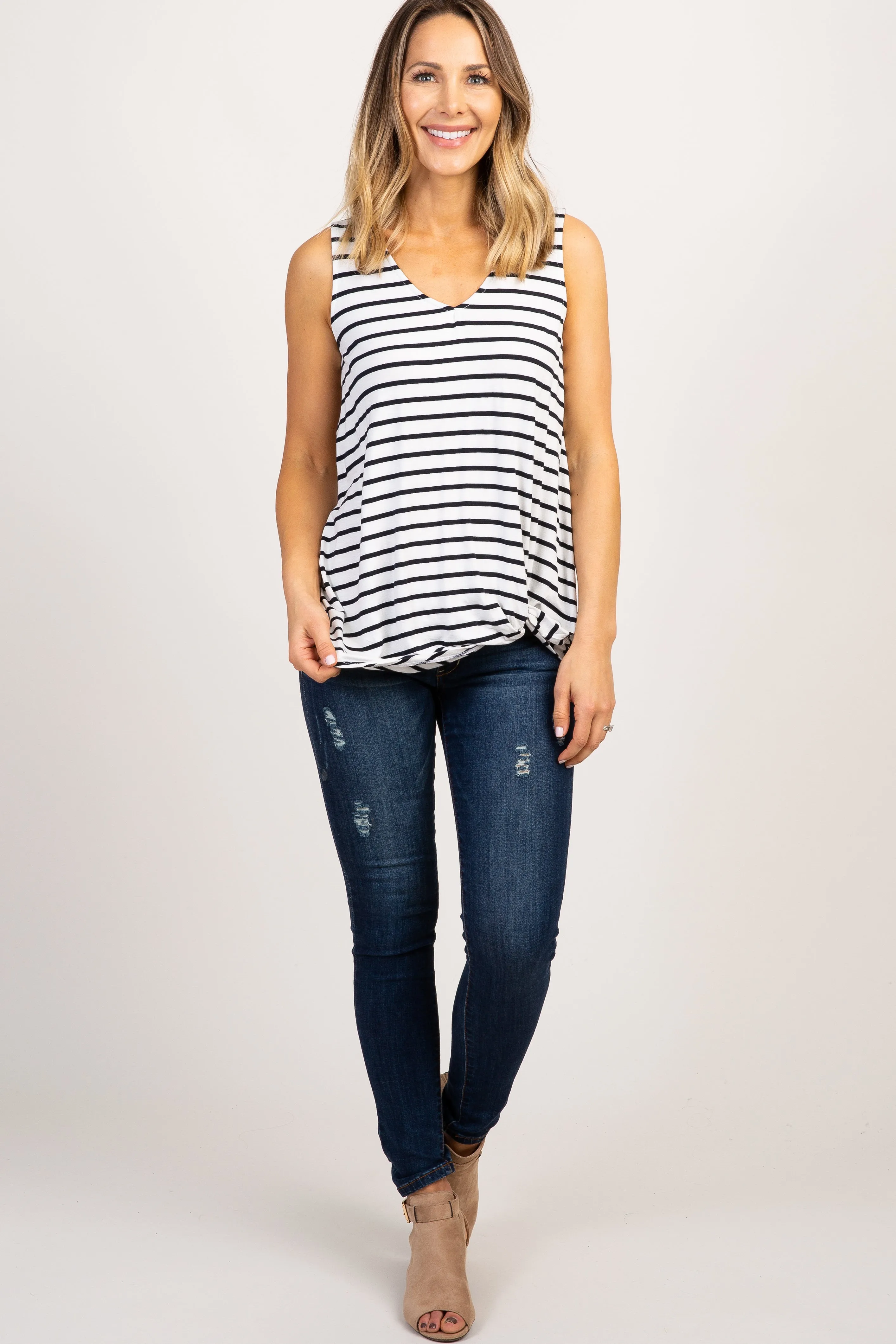 White Striped Sleeveless Tie Front Top