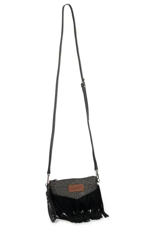 Wrangler Black Leather Tooled Floral & Fringe Accent Crossbody Bag