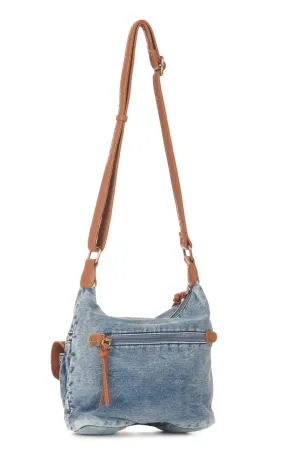 Wrangler Blue Denim & Floral Tooled Leather Crossbody Bag