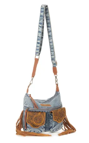 Wrangler Blue Denim & Floral Tooled Leather Fringed Crossbody Bag